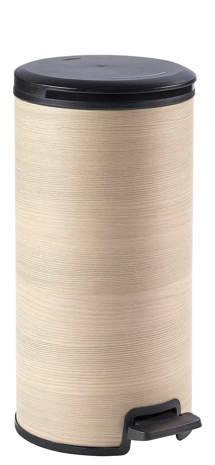 Curver 241738 Slim Round Pedal Bin 30 L Wood Texture Ivory 33.6 x 29.5 x 58.9 cm