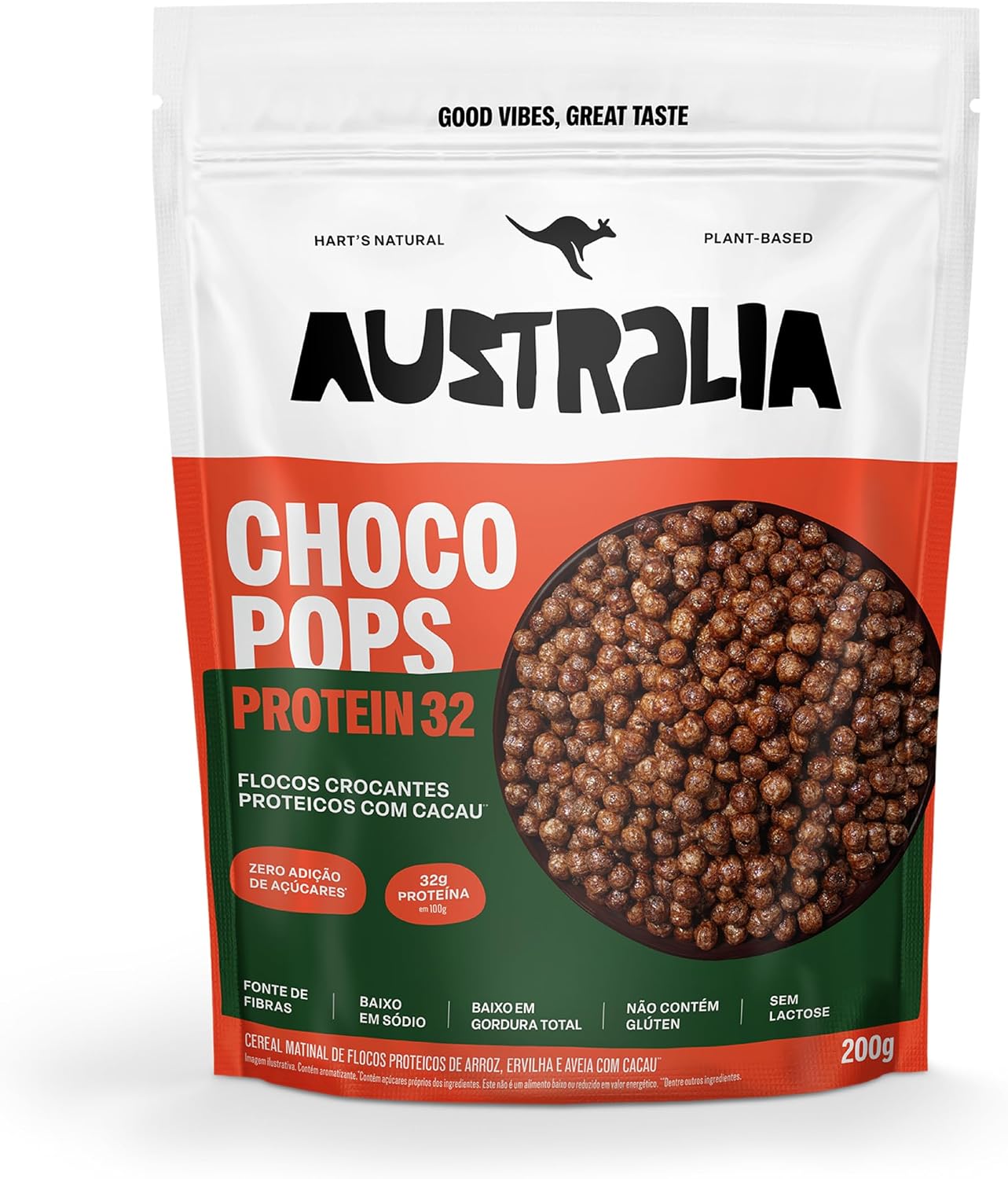 ChocoPops Australia Protein Chocolate 200g, Integral, Zero Açúcar Adicionado, Vegano, Sem Glúten, Sem Lactose, Fonte de Fibras