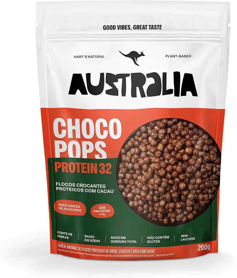 ChocoPops Australia Protein Chocolate 200g, Integral, Zero Açúcar Adicionado, Vegano, Sem Glúten, Sem Lactose, Fonte de Fibras