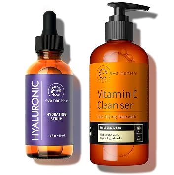 Eve Hansen Hyaluronic Acid Serum 2 oz & Vitamin C Cleanser Face Wash - حزمة الوجه المرطبة للخطوط الدقيقة والدوائر المظلمة والبقع العمرية | خالية من القسوة والعناية بالبشرة النباتية