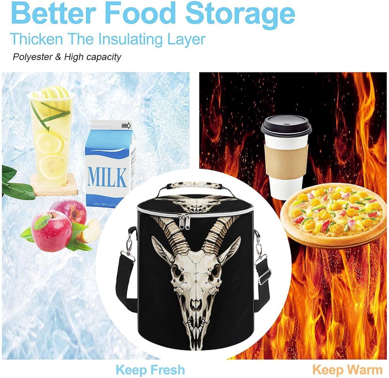 A Gothic Goat Skull Lunch Bag 15L, Insulated Picnic Basket with Leakproof Design - Large Cooler Tote for Camping, Beach, Hiking & Groceries