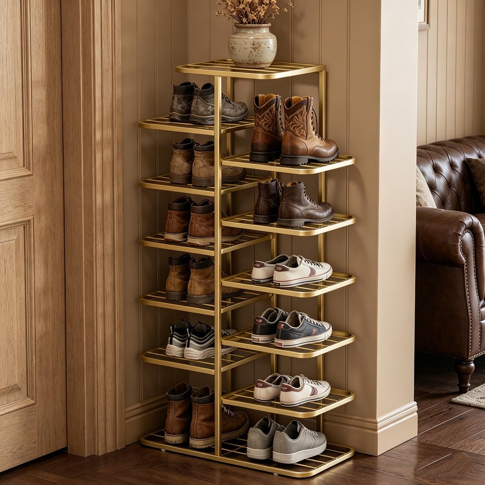 Gold Shoe Rack, 3-10 Tier Vertical Storage Tower, Ripiano a Doppia Fila in Metallo Stretto con Livelli Regolabili per l'armadio Entryway, organizzatore Sottile per Gli Stivali da Tacchi Sneakers