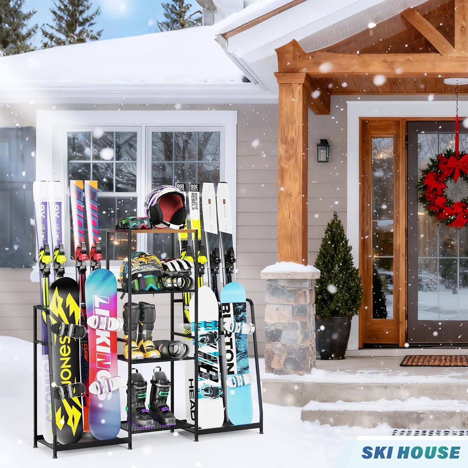 Skiständer, Freistehende Skihalter für die Garage, Stahl-Bodenständer Ski-Organizer für 4 Paar Ski, 3 Snowboards, Stiefel, Stöcke, Brillen, Helme, für Schuppen oder Keller(Beidseitiger Stil)