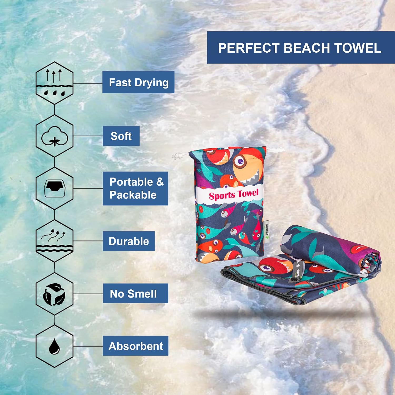 4Monster Microfiber Beach Towel with carry bag Sand Proof Travel Towel Quick Dry Lightweight Towel for Hiking Yoga Gym Sports Swimming Camping Fitness Bath - Image 3