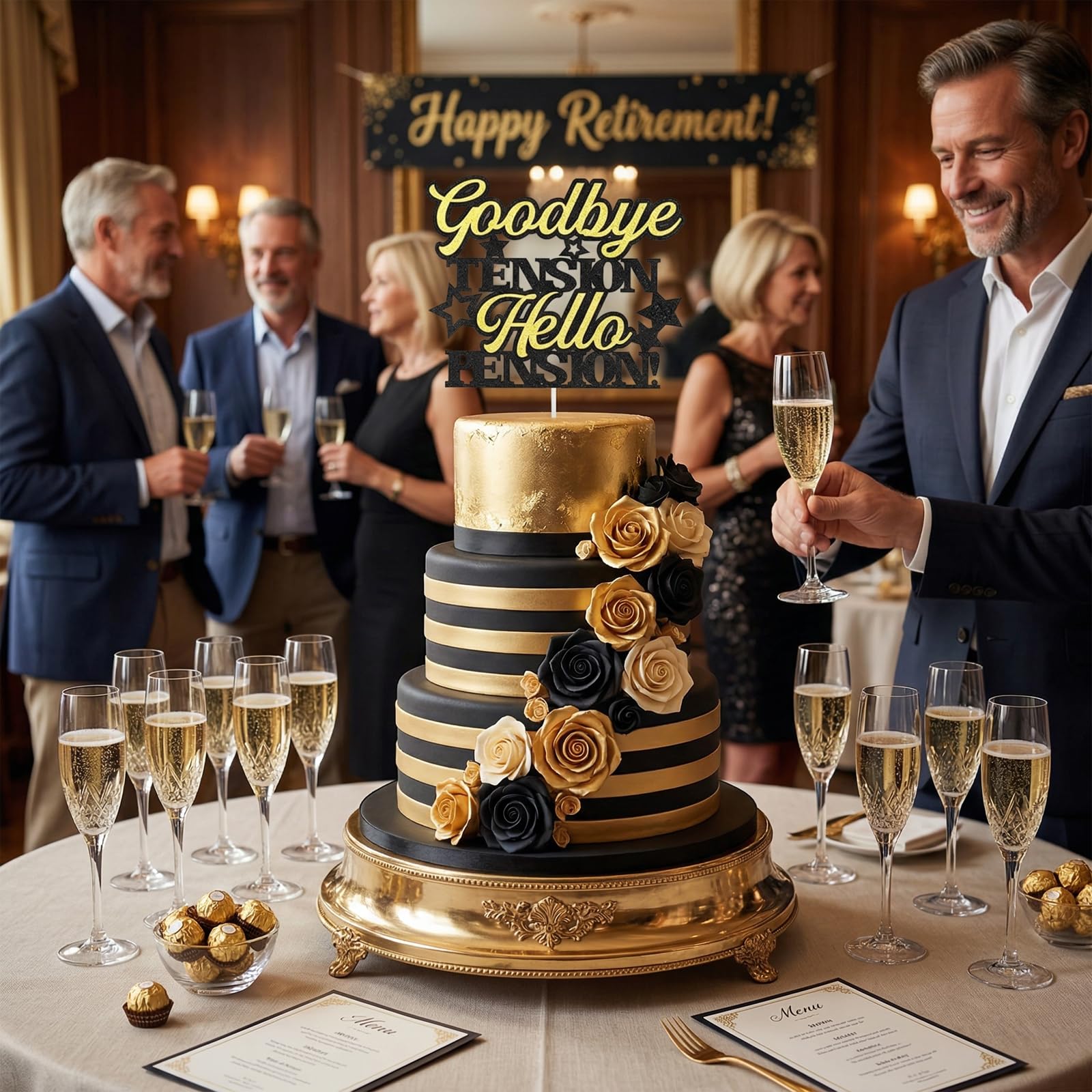 Retirement Cake Topper - Happy Retirement Cake Decor with Funny Saying "Goodbye TENSION, Hello PENSION!" - Elegant Black Gold Party Decoration for Adult Celebration 2.2 五点描述 — view 3