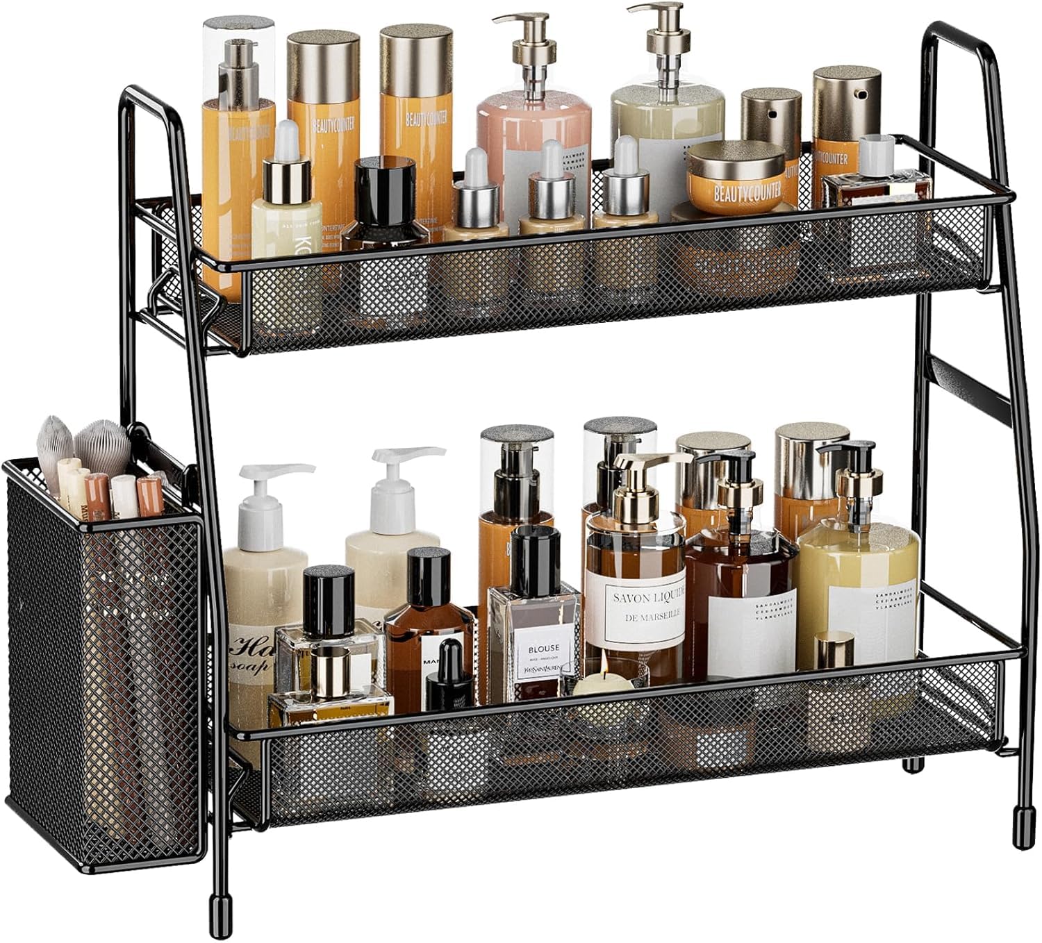 EKNITEY Bathroom Countertop Organiser Shelf - 3 Tier Counter Spice Rack Metal Makeup Rack Small Coffee Station Organizer for Sink/Bedroom/Living room/Kitchen/Office Balck