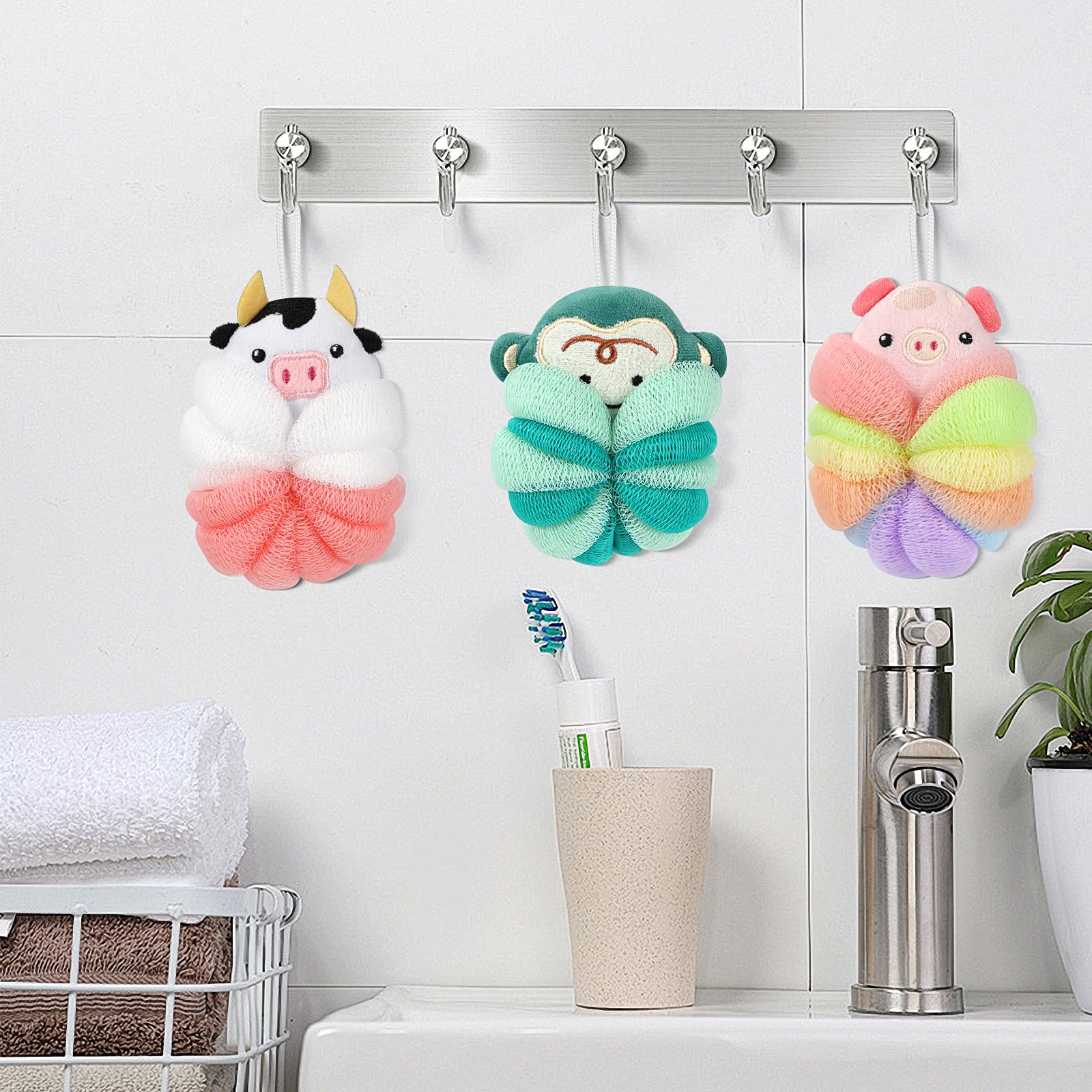 PHOGARY Lot de 3 Fleur de Douche Lavable pour Enfants, Fleur de Bain Adorables pour le Corps, Pouf de Douche en Forme d'Animal Éponges Luffa, Gommage pour le Corps Éponge en Maille pour Enfants-B