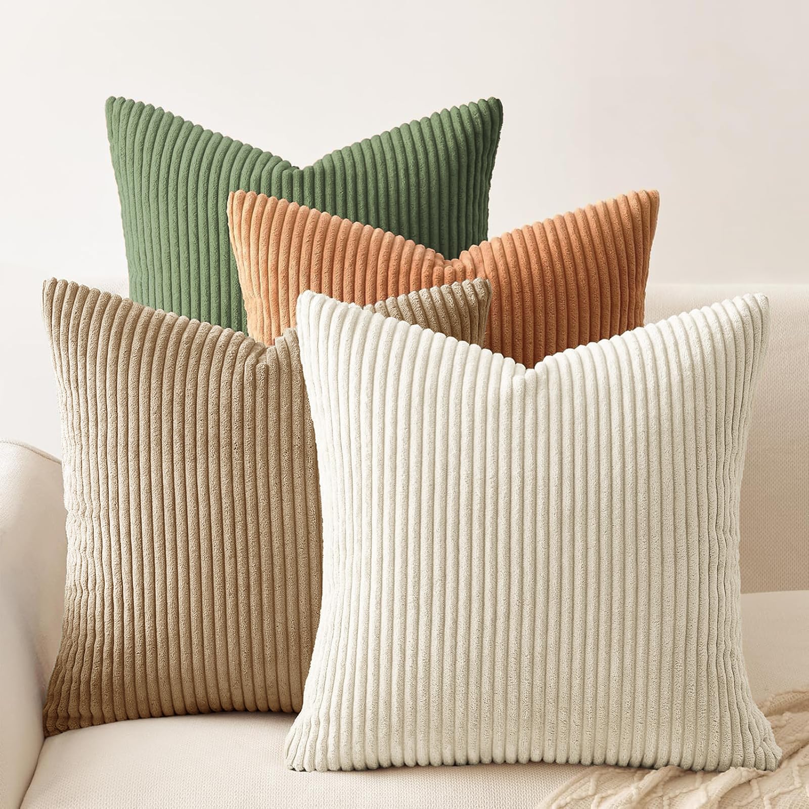 Set of 4 Corduroy Soft Striped Cushion Covers 40x40 cm, Boho Decorative Square Throw Pillow Covers 16x16 Inch with Invisible Zipper for Sofa Couch Bedroom Home Decorative Fluffy Large Pillowcases