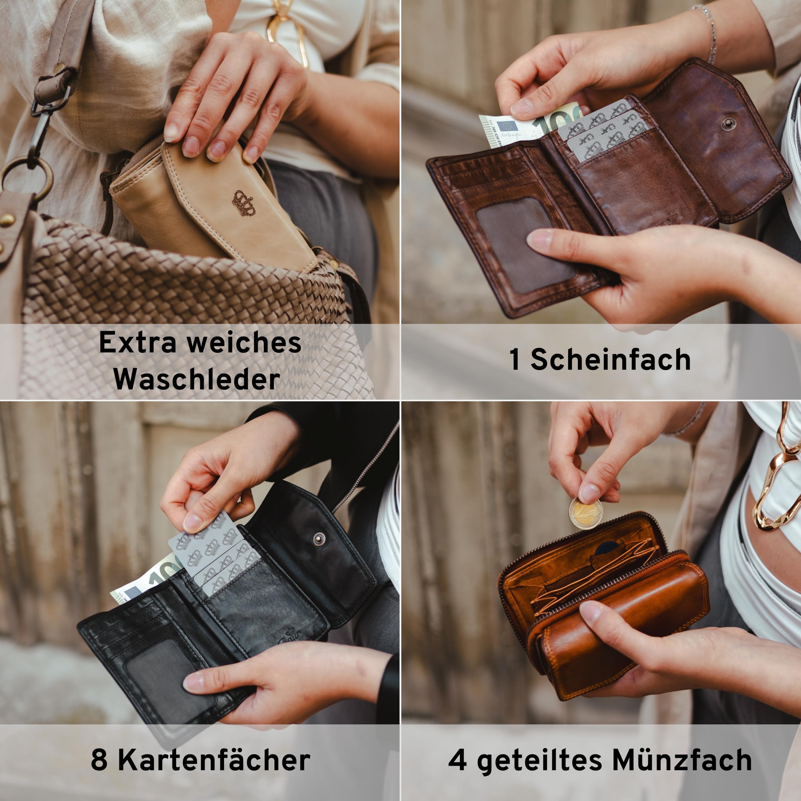 Baur Damen Geldbörse aus extra weichem Waschleder – Geldbeutel im Used-Look mit RFID-Schutz – Kleines Portemonnaie mit vielen Kartenfächern und Münzfach mit Metall-Reißverschluss (Beige)