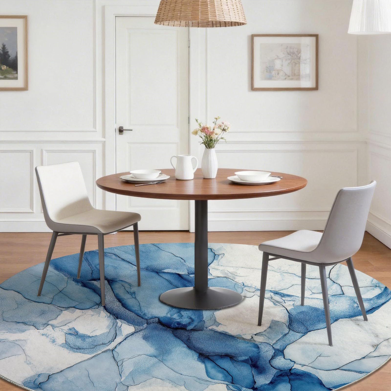 Générique Tappeto rotondo 150 cm, lavabile in lavatrice, tappeto antiscivolo a pelo basso, stile astratto, motivo effetto ombreggiato, inchiostro acquerello moderno, morbido, per camera degli ospiti