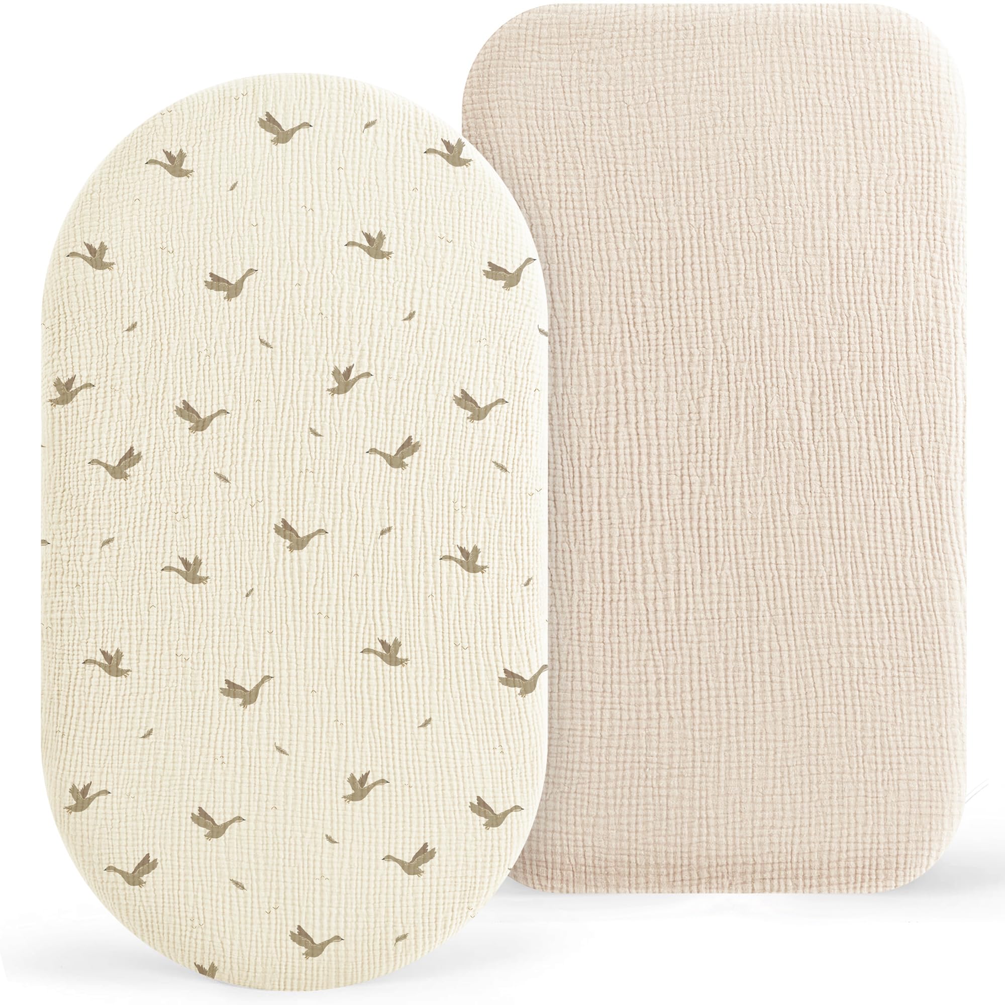Muslin Moses Basket Sheets 2 Pack - 100% Cotton Next to Me Crib Sheets Fitted Bassinet Cot Sheets 83x43cm Fit for Oval Rectangle or Hourglass Bassinet Mattress (Goose)