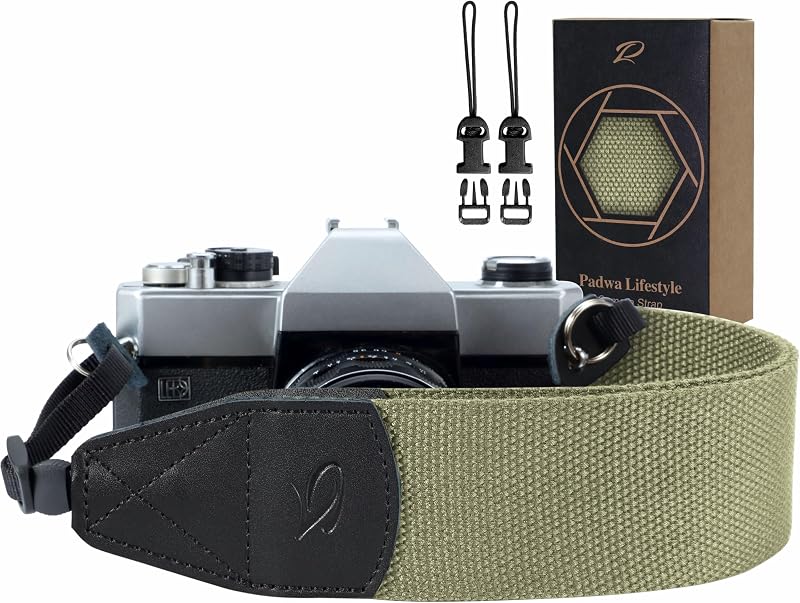 Correa de cámara verde claro – Correas de cámara para cabeza de cuero genuino tejido de algodón de 2 pulgadas de ancho, 2 clips de liberación rápida de cortesía para todas las cámaras DSLR/SLR, binoculares y control remoto de drones