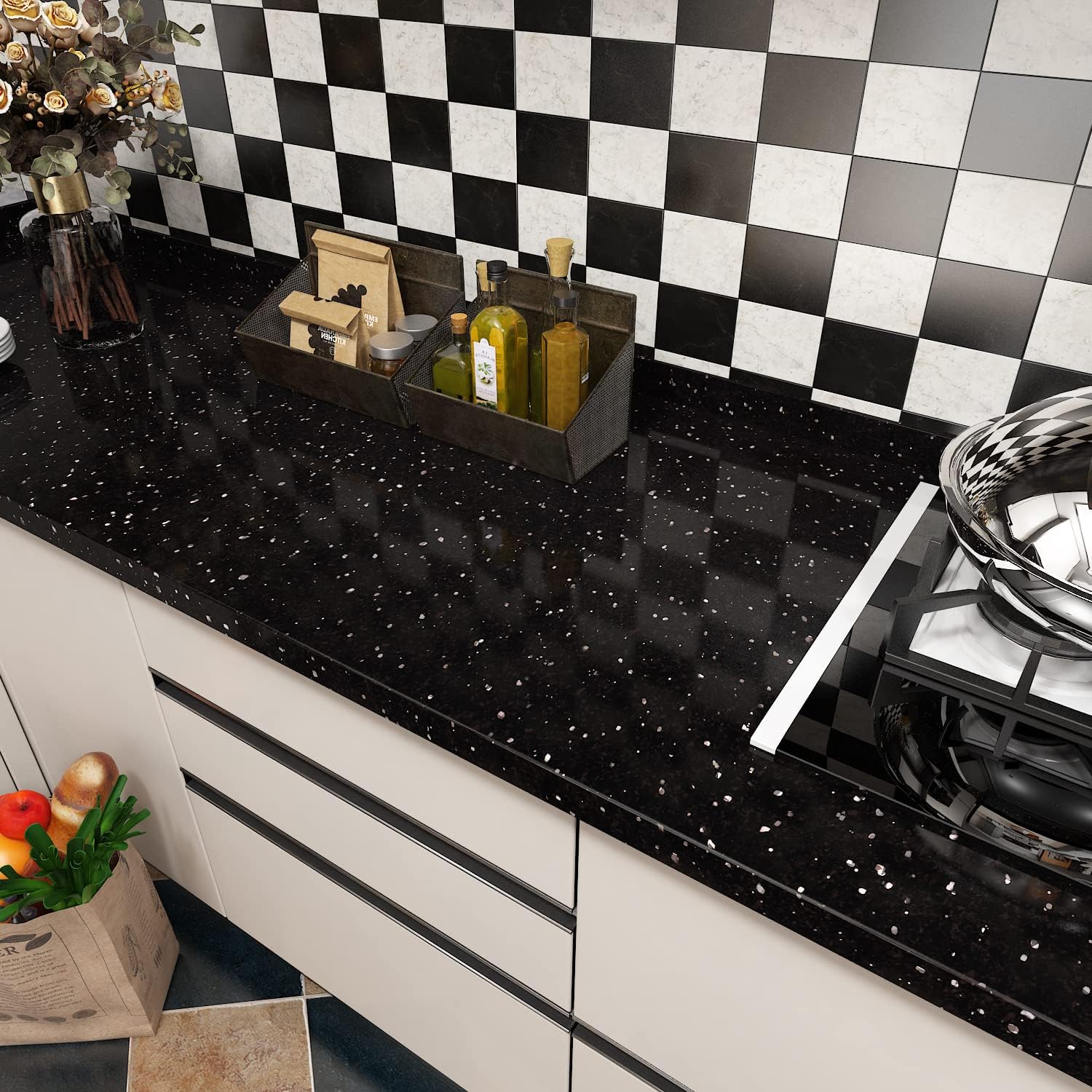FunStick 15.7"x240" Black Granite Countertop Contact Paper Waterproof Black Granite Wallpaper Peel and Stick Countertops for Kitchen Bathroom Removable Granite Wall Paper for Cabinets Desk Shelves