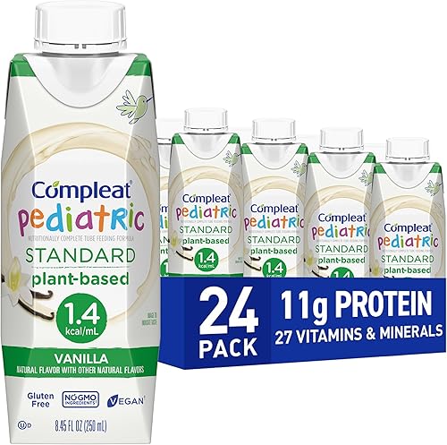 Compleat Pediatric Standard 1.4 Batido nutricional de vainilla a base de plantas, 0.23 onzas de proteína, 27 vitaminas y minerales, fórmula vegana