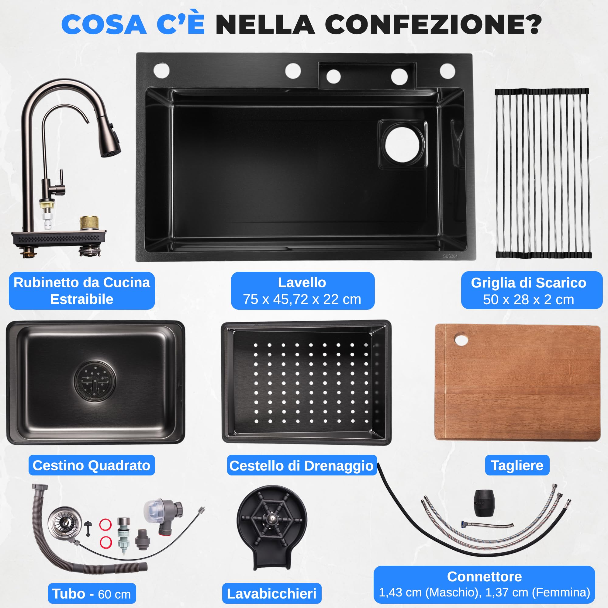 SereneLife Lavello Cucina 1 Vasca in Acciaio Inox Nero 75x46x22 cm, Lavandino Cucina con Scolapiatti, Cestello Filtro, Vassoio e Tagliere