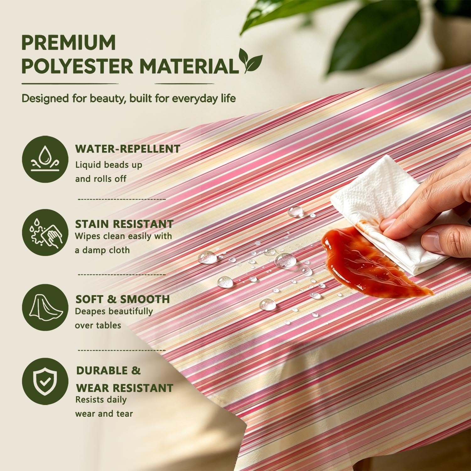 Tischdecke abwaschbar Polyester Bunte dünne Streifen 260 x 140 cm | Wasserabweisend, bedruckter pastell Streifenmuster Polyesterstoff, platzsparend faltbar, rechteckig, für Küche & Outdoor
