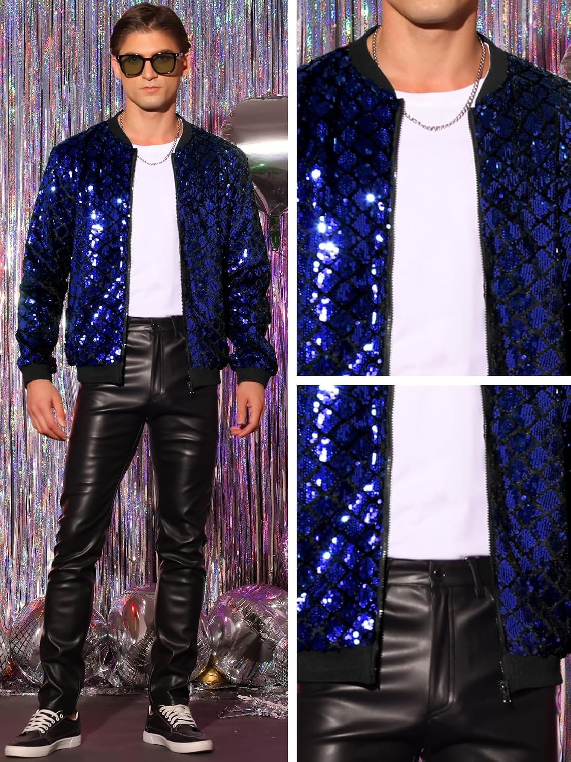 Lars Amadeus Argyle Sequin Bomber Jacket for Men's Party Club Shiny Baseball Varsity Jacket