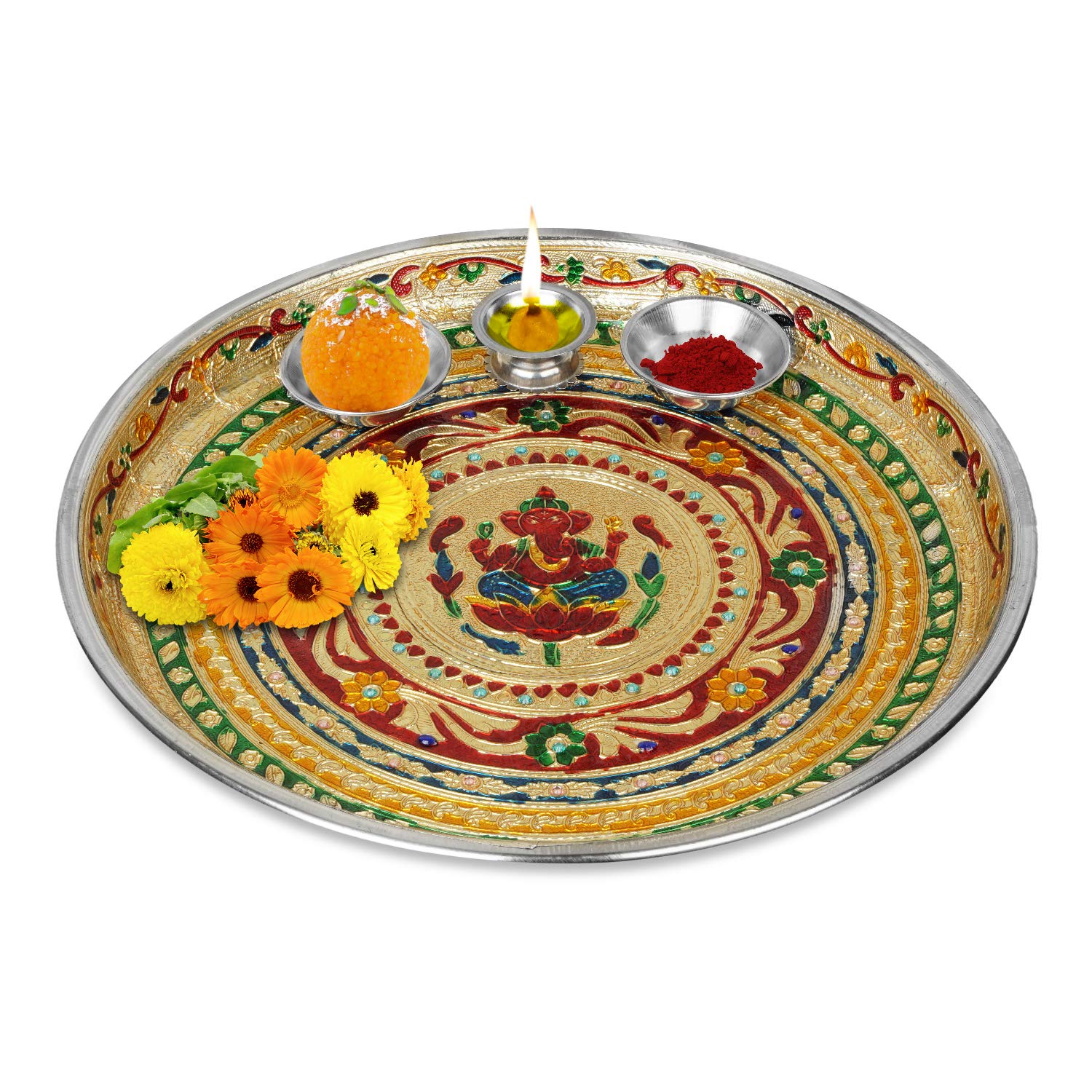 IndoTribe Large 4 Pc Meenakari Pooja Thali Pooja Thali Karva Chauth Set