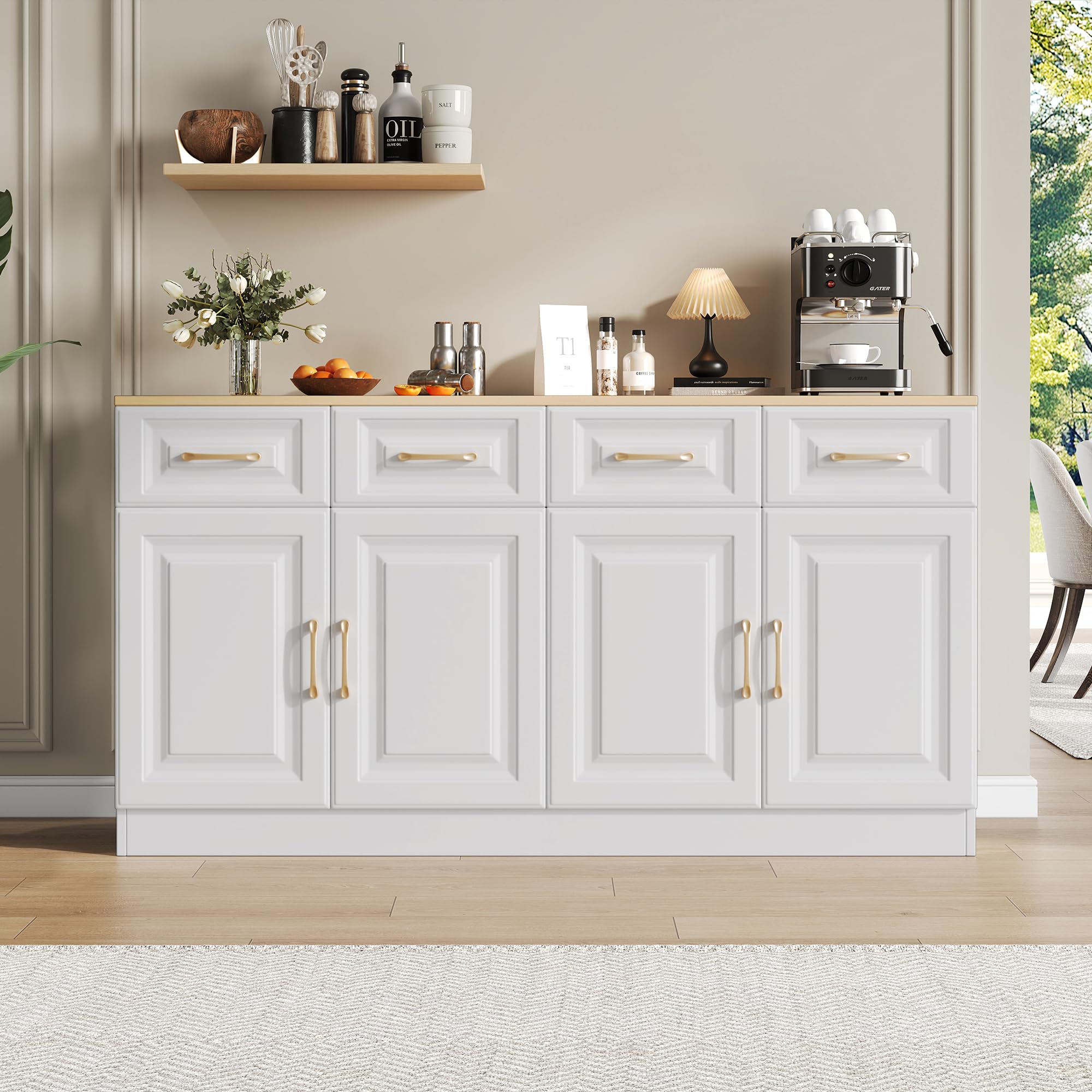 Aparador Cocina, Aparador Mueble De Cocina, Buffet Comedor con 4 Cajones y 4 Puertas, Mueble Bar, Aparadors Vitrina para Dormitorio, para Salon, Comedor, Sala de Estar, 140×40×75 cm (Blanco-A)