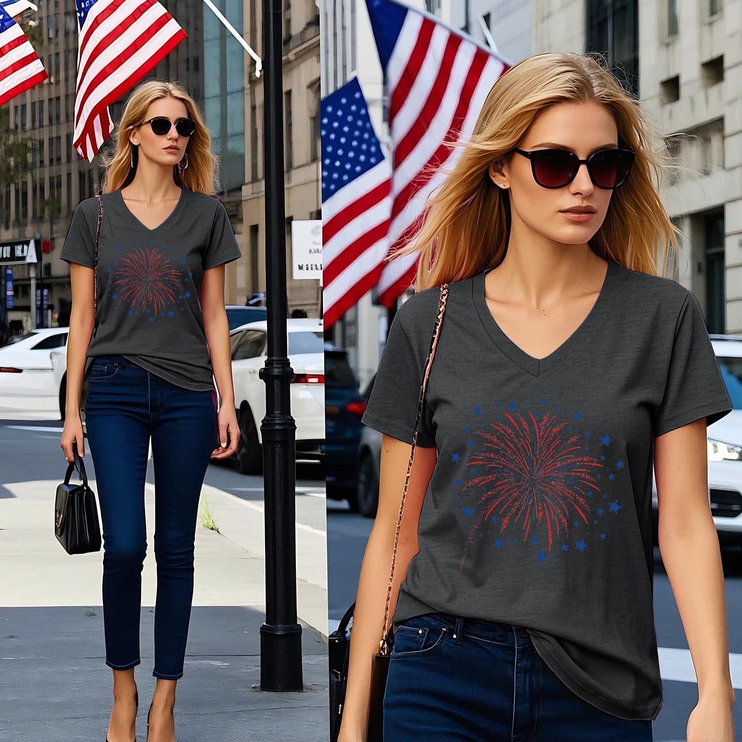 American Flag Shirts Women USA Stars Patriotic Shirt 4th of July T-Shirt V-Neck Short Sleeve Casual Tee Tops - Image 2