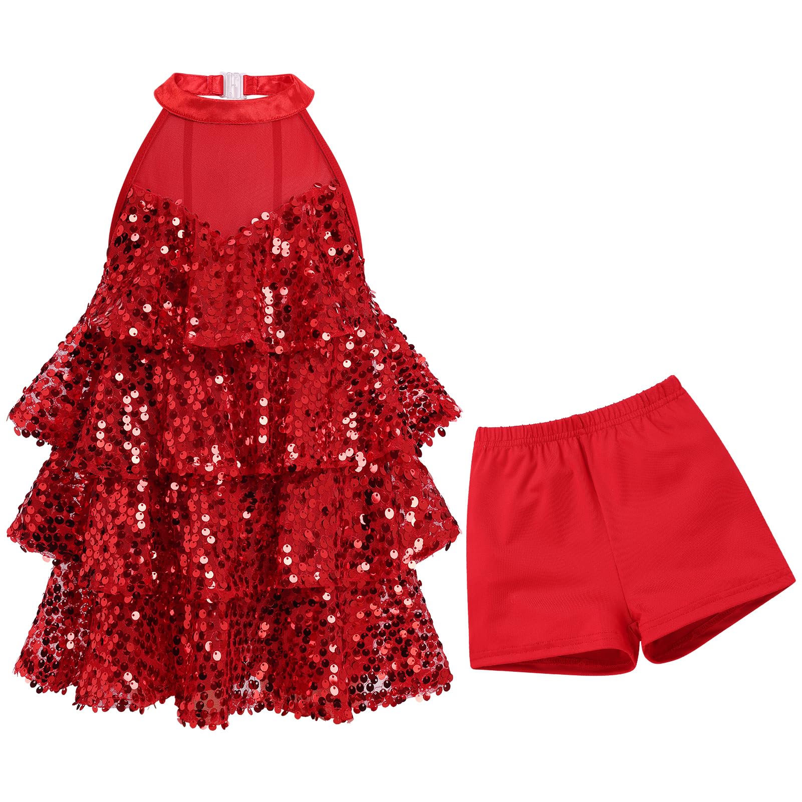 OMEWEE Mädchen Pailletten Latein Tanzkleid glitzernde Jazz Hip Hop Tanzkleidung Zweiteiliges Kinder Glitzer Tanzoutfits Ballroom Party funkelnden Kleid mit Shorts