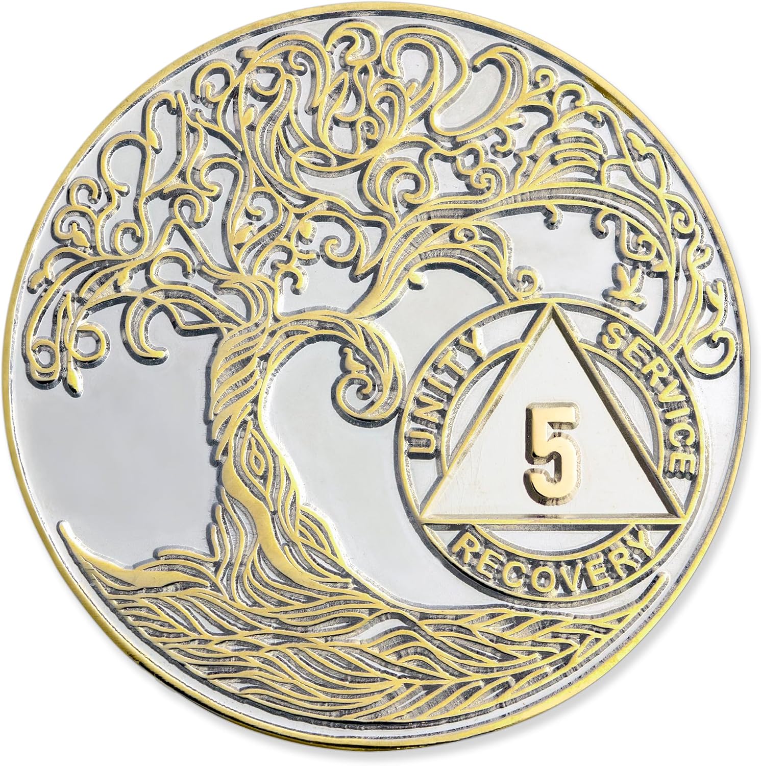 6 Year XL 40mm Nickel & Gold Plated AA Coin - Sobriety Mint Twisted Tree of Life Recovery Medallion/Chip - Silver/Gold