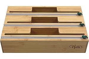 HELIA Bamboo Kitchen Wrap Organizer | Wall Mounting Solid Bamboo Plastic Wrap...