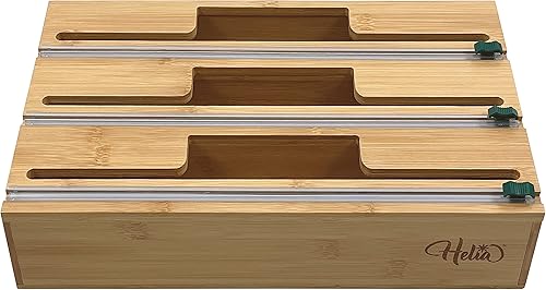 HELIA Organizador de papel de cocina de bambú | Dispensador de papel de bambú sólido y plástico para montaje en pared con cortadores deslizantes |