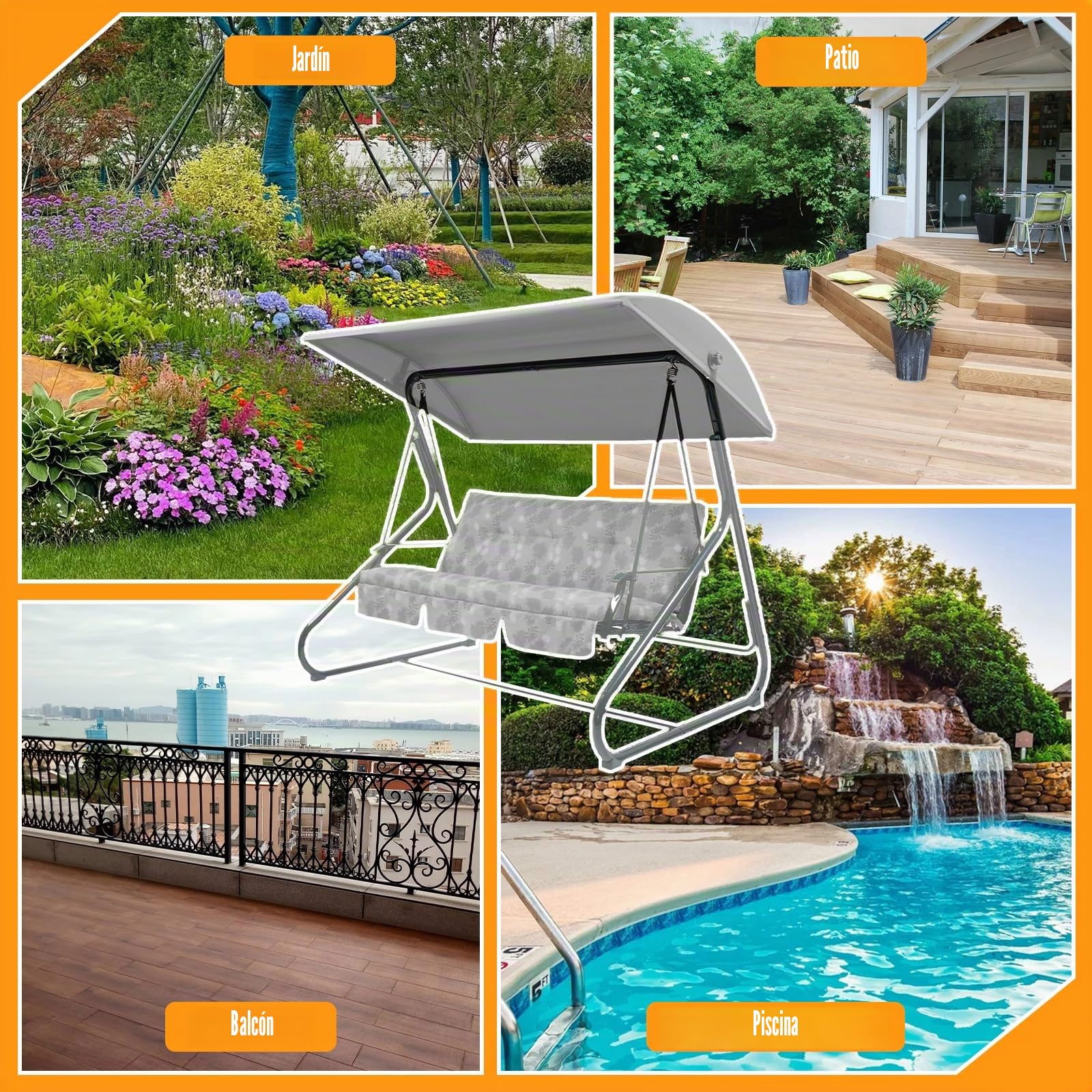 Cubierta superior de repuesto WingFly B&Q Colorado para columpio de jardín de 3 plazas, solo para actualizar la hamaca de jardín con columpio (204 X 117 cm, gris)