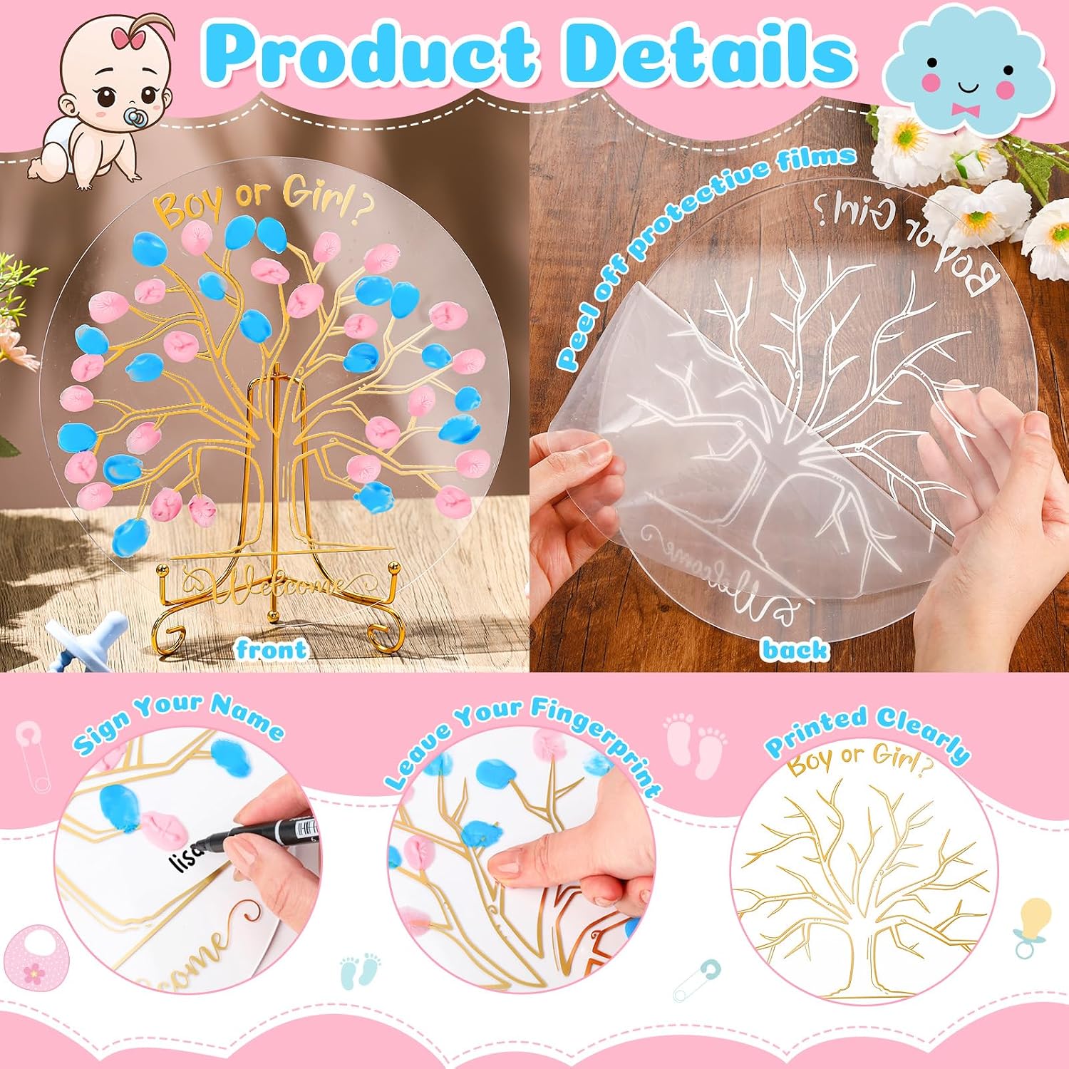 Pasimy Gender Reveal Fingerprint Tree Boy or Girl Party Ideas Baby Shower Guest Book Party Game Gender Reveal Decoration Supplies Baby Shower Sign in for He or She Keepsake(Classic) thumbnail