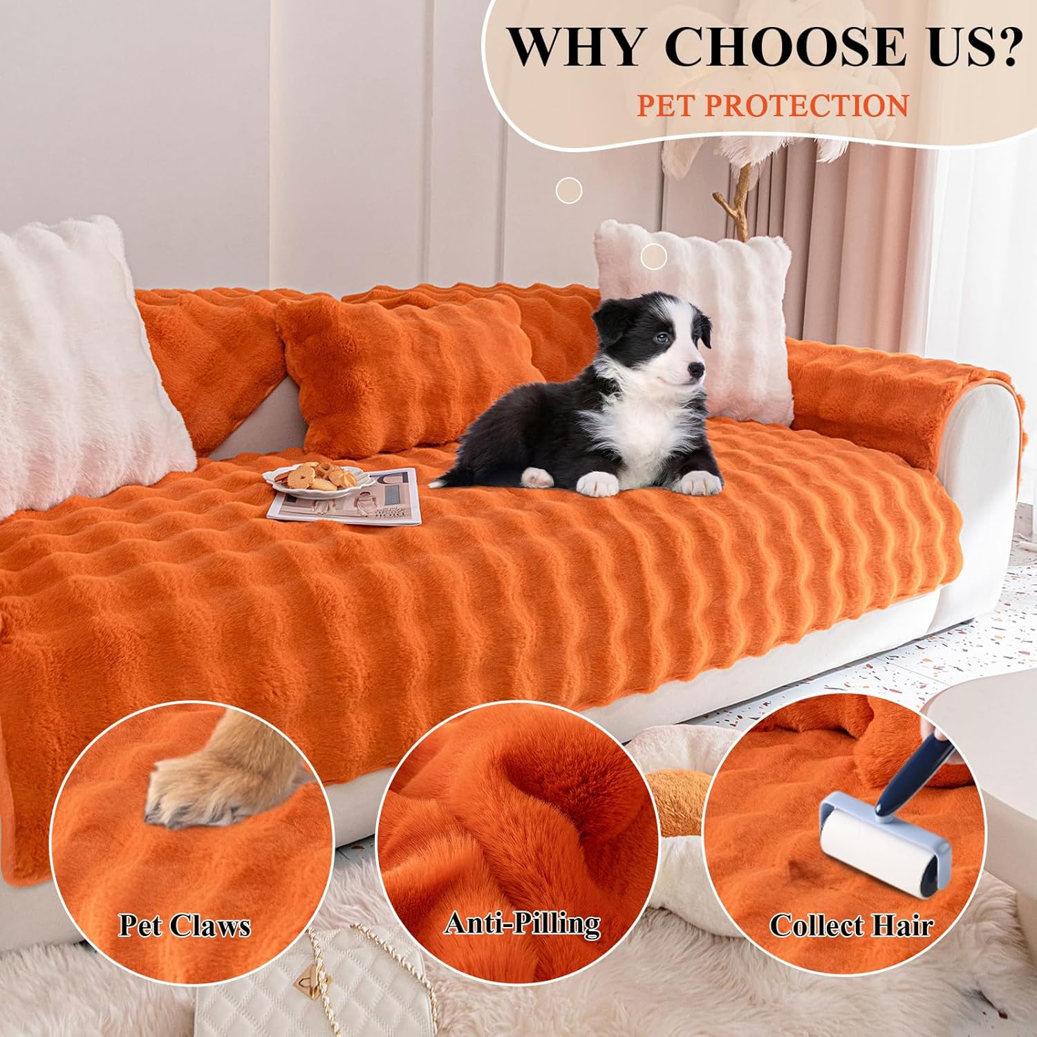STACYPIK Plush Orange Pets Sofa Covers, Orange Non Slip Couch Cover for Dogs, Faux Fur Soft Dog Bed Cover, Furniture Protector for 2 Cushion Couch, Pet Armrest Headrest Covers for Sofa-27.6X59.1IN