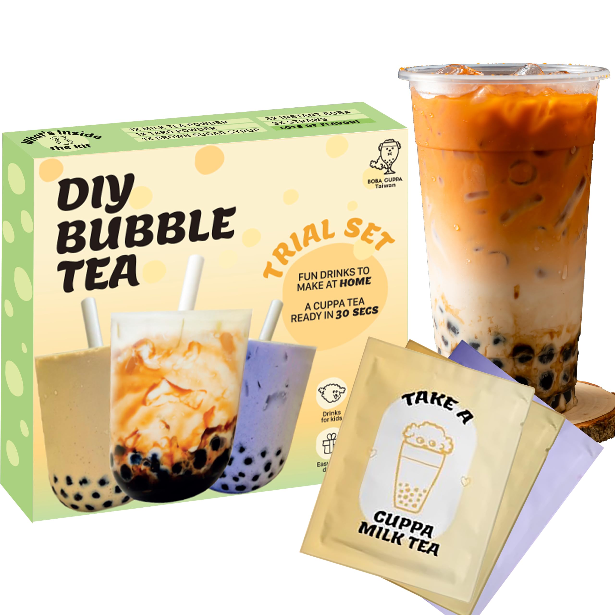 Boba Cuppa Instant Boba Pearls Tea Kit for Party, Authentic Bubble Taro/Brown Sugar/Milk Tea (3 Servings Pack)