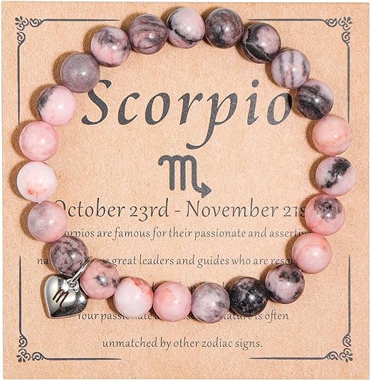 Caiyao Handmade 12 Constellation Natural Pink Zebra Healing Stone Zodiac Stress Relief Adjustable Bracelet with Message Card Friendship Birthday Jewelry for Women
