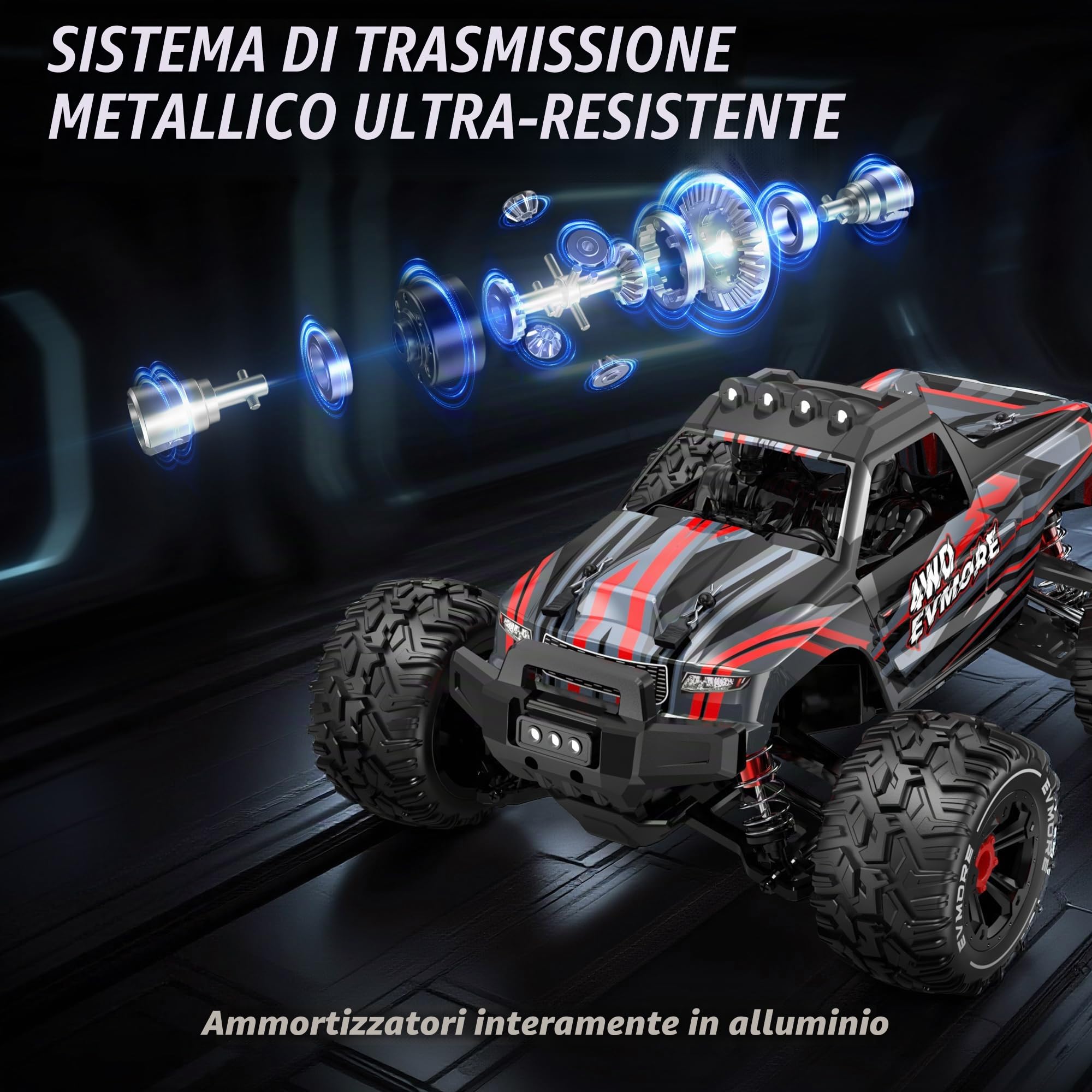 Evmore 1:16 Camion Telecomandato Professionale, Velocità massima 55 km/h, Macchina Radiocomandata, Auto RC 4x4 per Tutti i Terreni, Trasmissione in Metallo e 2 Batterie Ricaricabili da 1200 mAh