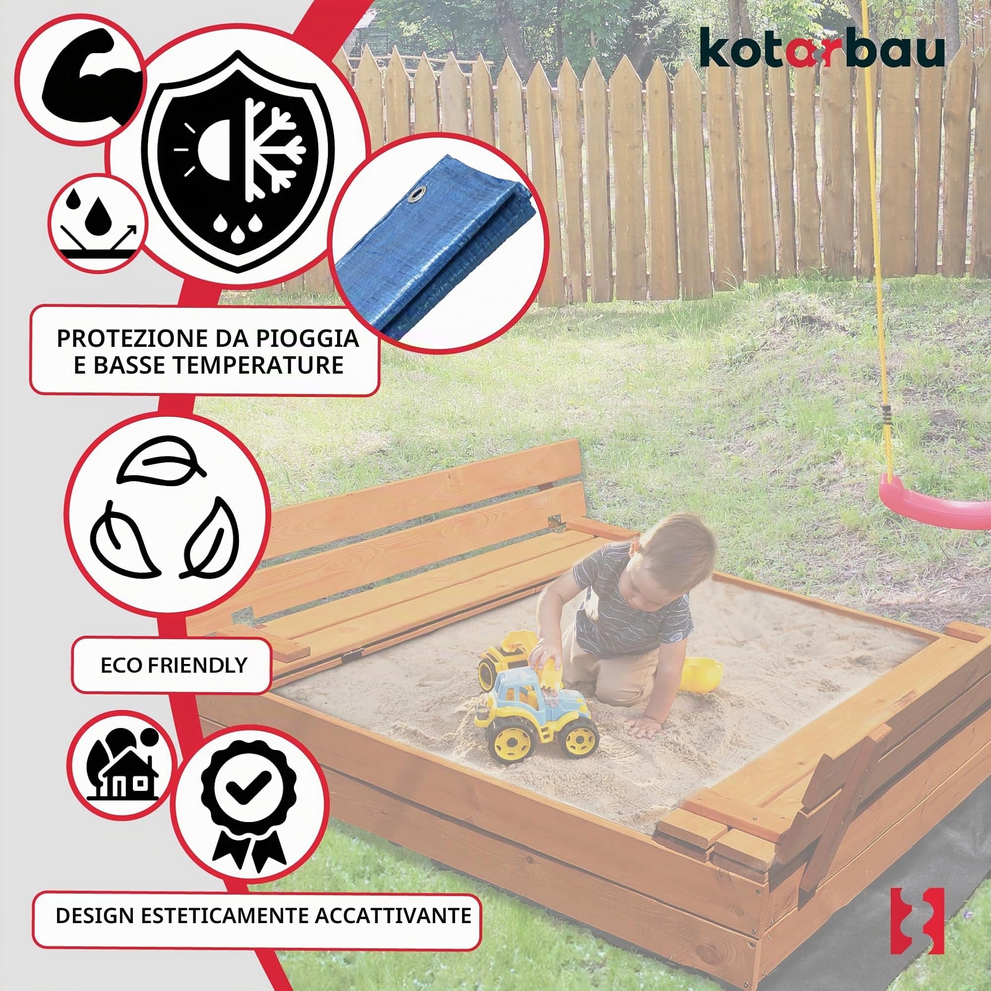 KOTARBAU® Sabbiera per Bambini con Coperchio - Legno di Pino - 120 x 120cm - Marrone - Sabbiera da Giardino per Bambini - con Panche Pieghevoli e Telo Antierba - Impragnato