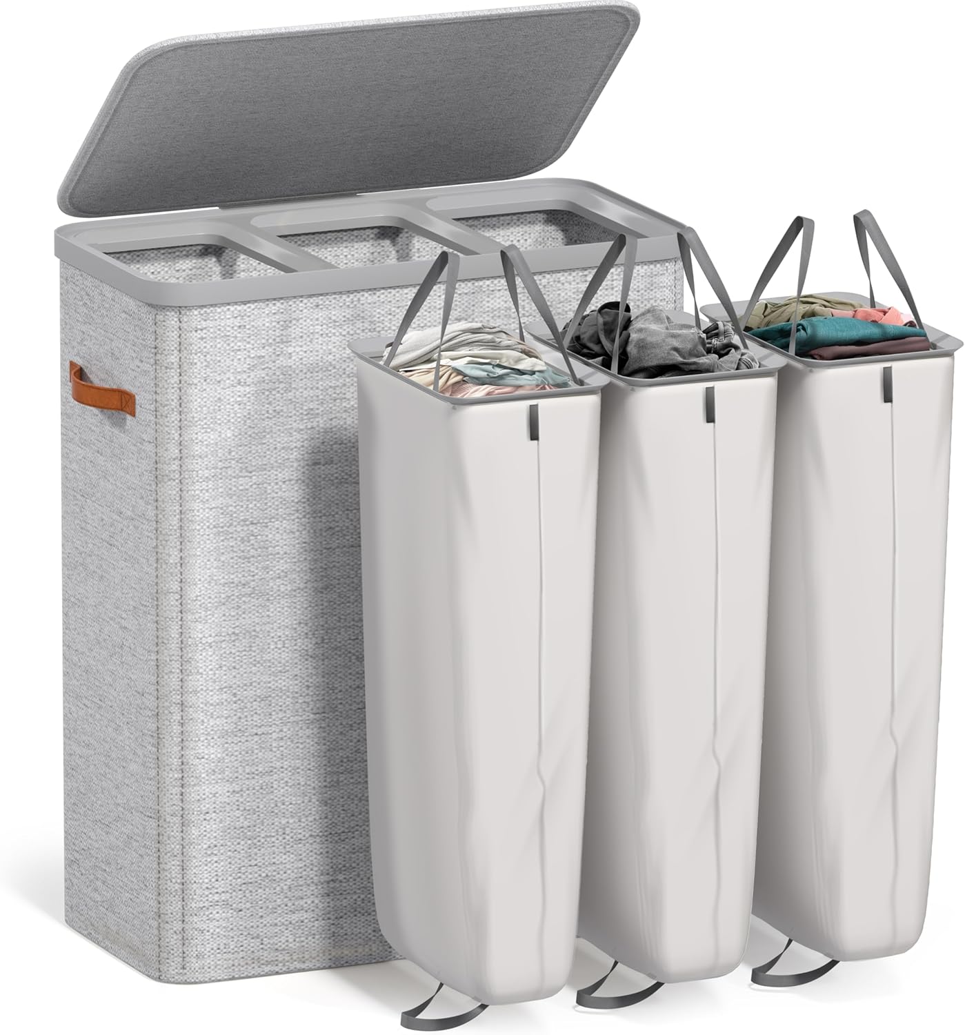 Sorbus Laundry Hamper with Lid - Collapsible 3-Compartment Fabric Laundry Basket with Handles and Removable Laundry Bag – 50 Gallon (190 L) Dirty Clothes Hamper for Bedroom, bathroom and dorm (Gray)