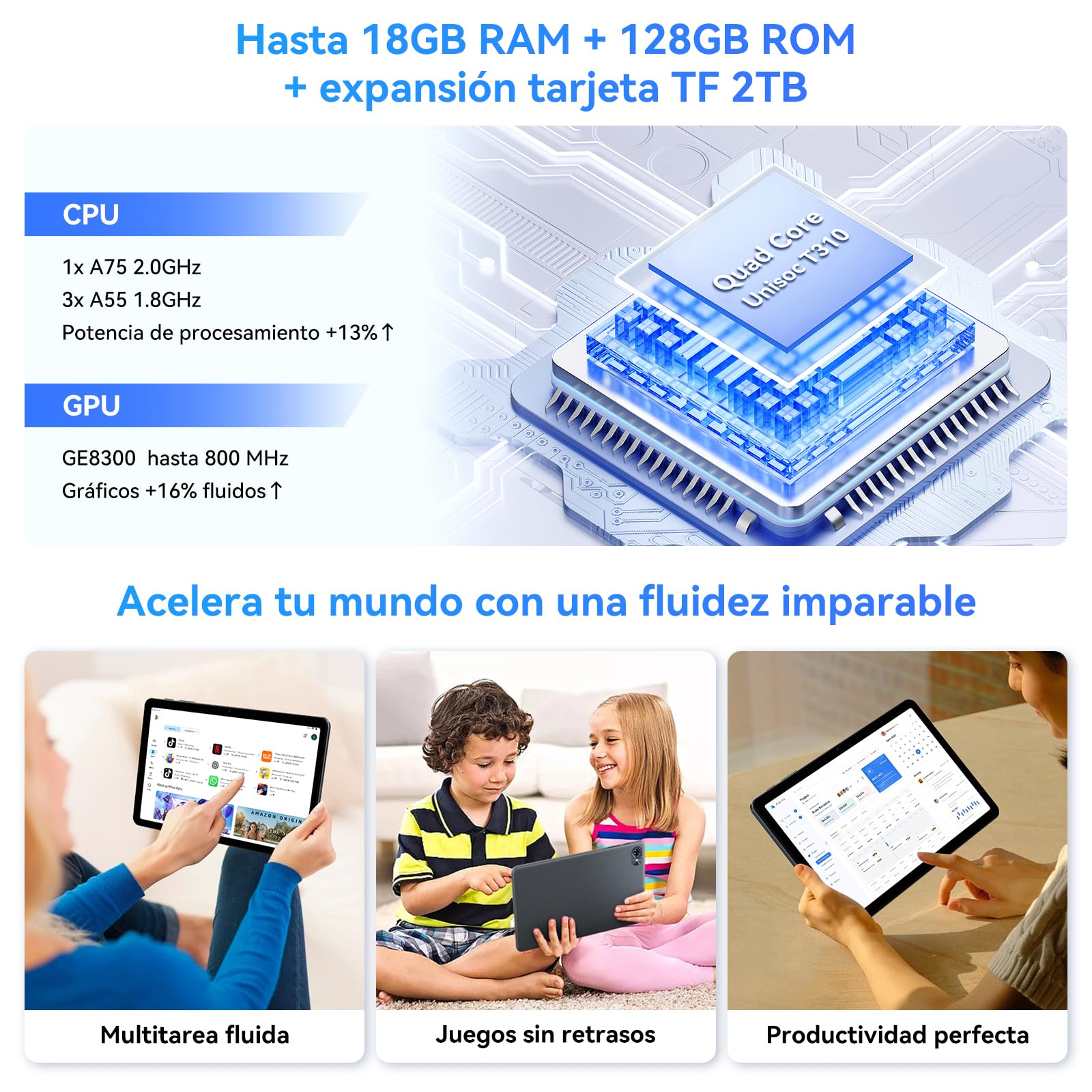 TABWEE Tablet con Teclado y Lapiz, 18GB RAM+ 128GB ROM | Tablet para Estudiantes, Android 15 Tablet 10 Pulgadas, 6000 mAh, Gemini AI, GPS, Face ID (Garantía de 4 Años)