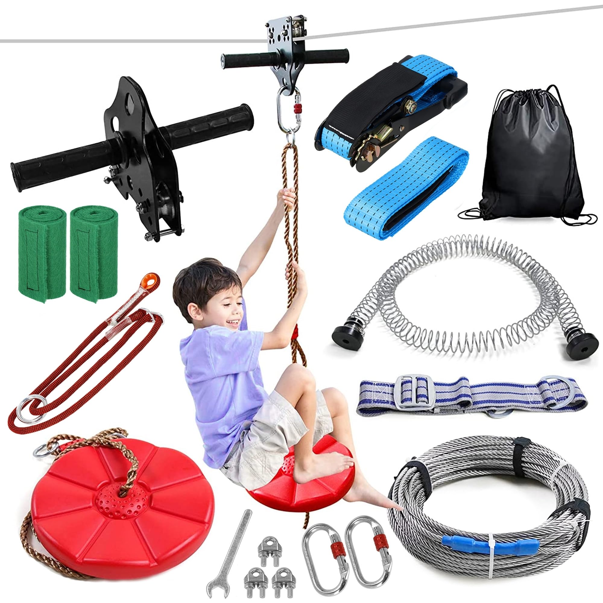 SPRINGOS Fune da 30 m per bambini, set con carrello scorrevole, sedile, freno di sicurezza e protezione per alberi, fino a 120 kg, dispositivo da arrampicata per esterni