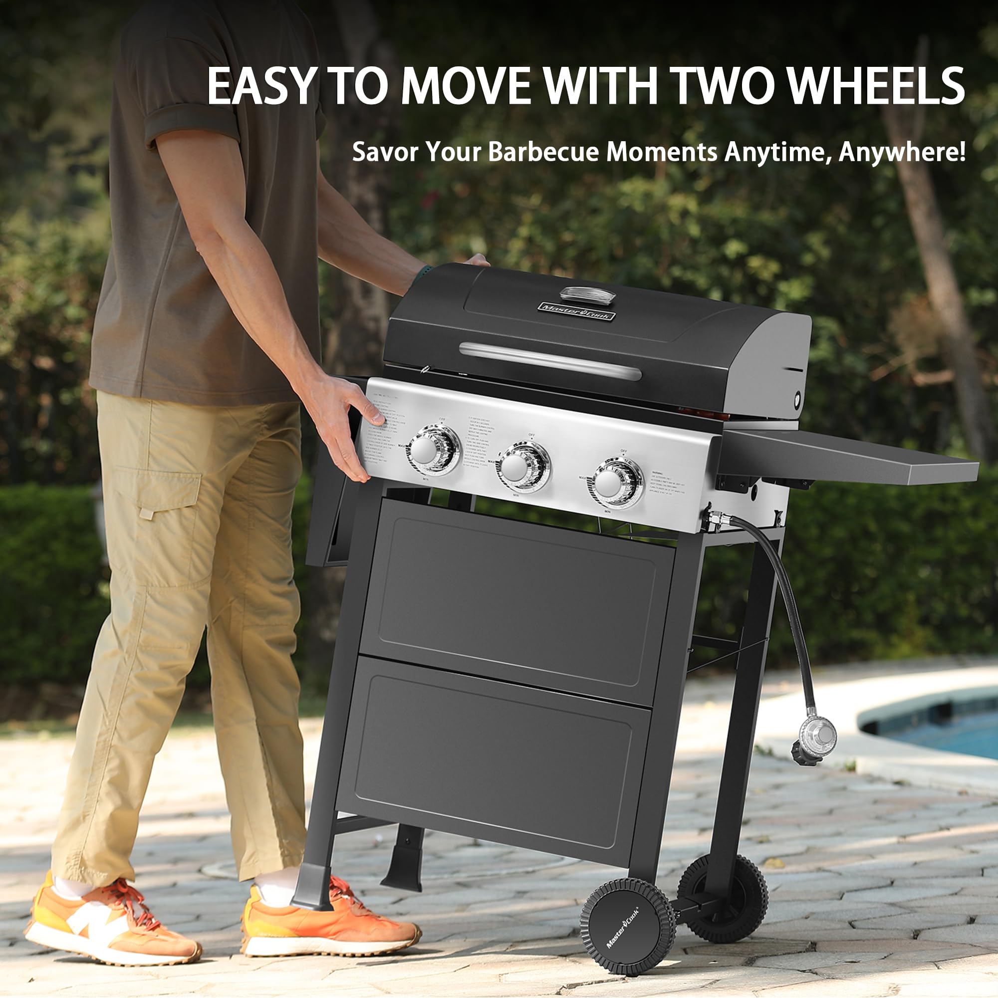 MASTER COOK - Barbacoa de 3 quemadores de gas propano, acero inoxidable de 30 000 BTU con dos estantes plegables, parrilla barbacoa para patio o jardín