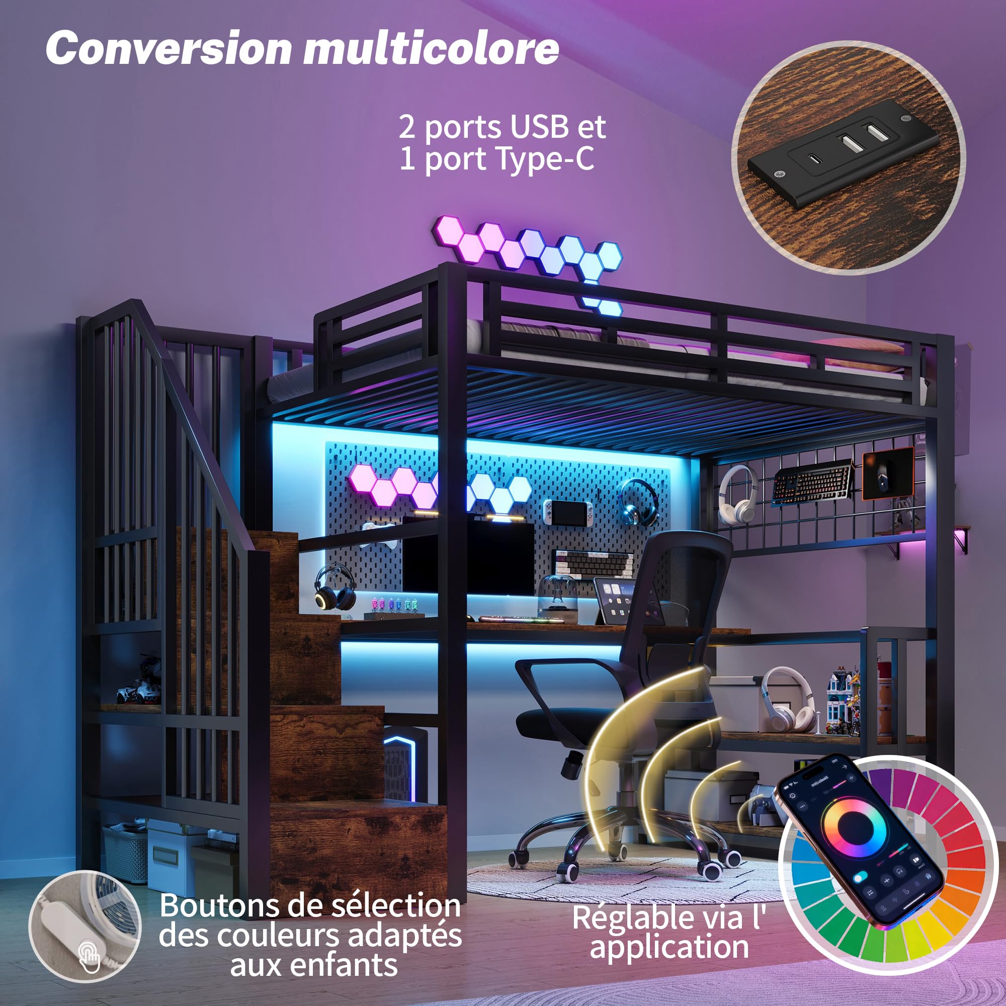 Lubvtti Letto a soppalco con luce LED e porta USB 90x200 cm,Letto singolo con struttura in ferro con scrivania e Griglia sospesa,Con scale portaoggetti e ripiani portaoggetti,Nero(Senza materasso)