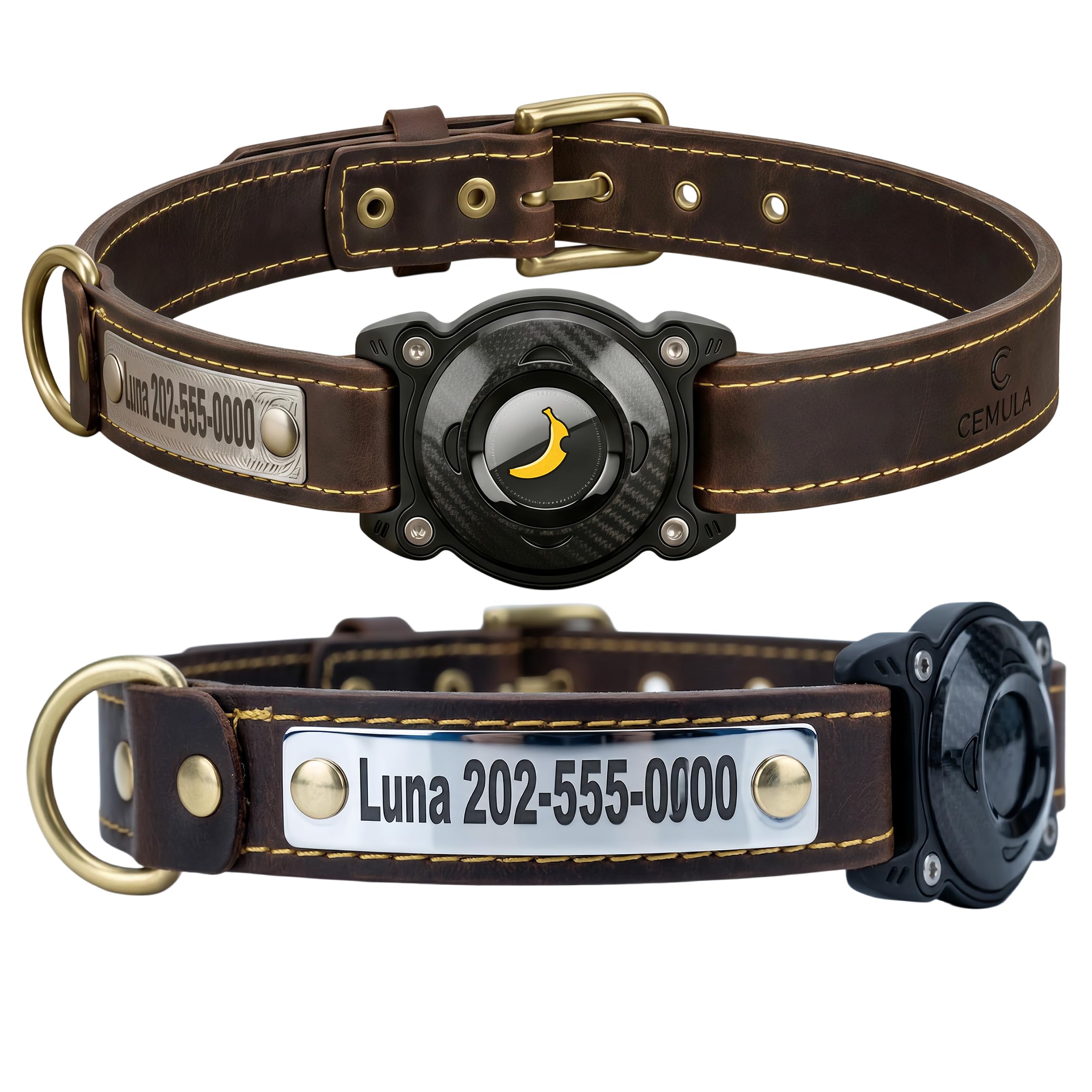 CEMULA Personalised Leather Dog Collar with Integrated AirTag Holder, Riveted Engraved Name Plate, Heavy-Duty Genuine Leather Collar for Dogs (AirTag Not Included) (XS-9.5"-13")