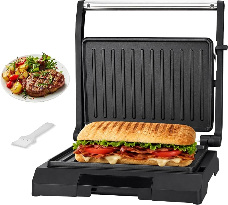 2 Slices of Mini Panini Press Electric Grill, Panini Grill Press Sandwich Maker Press, Sandwichera Electrical for Pancakes & Eggs, Oil Tray, Non Stick Surfaces, Stainless Steel