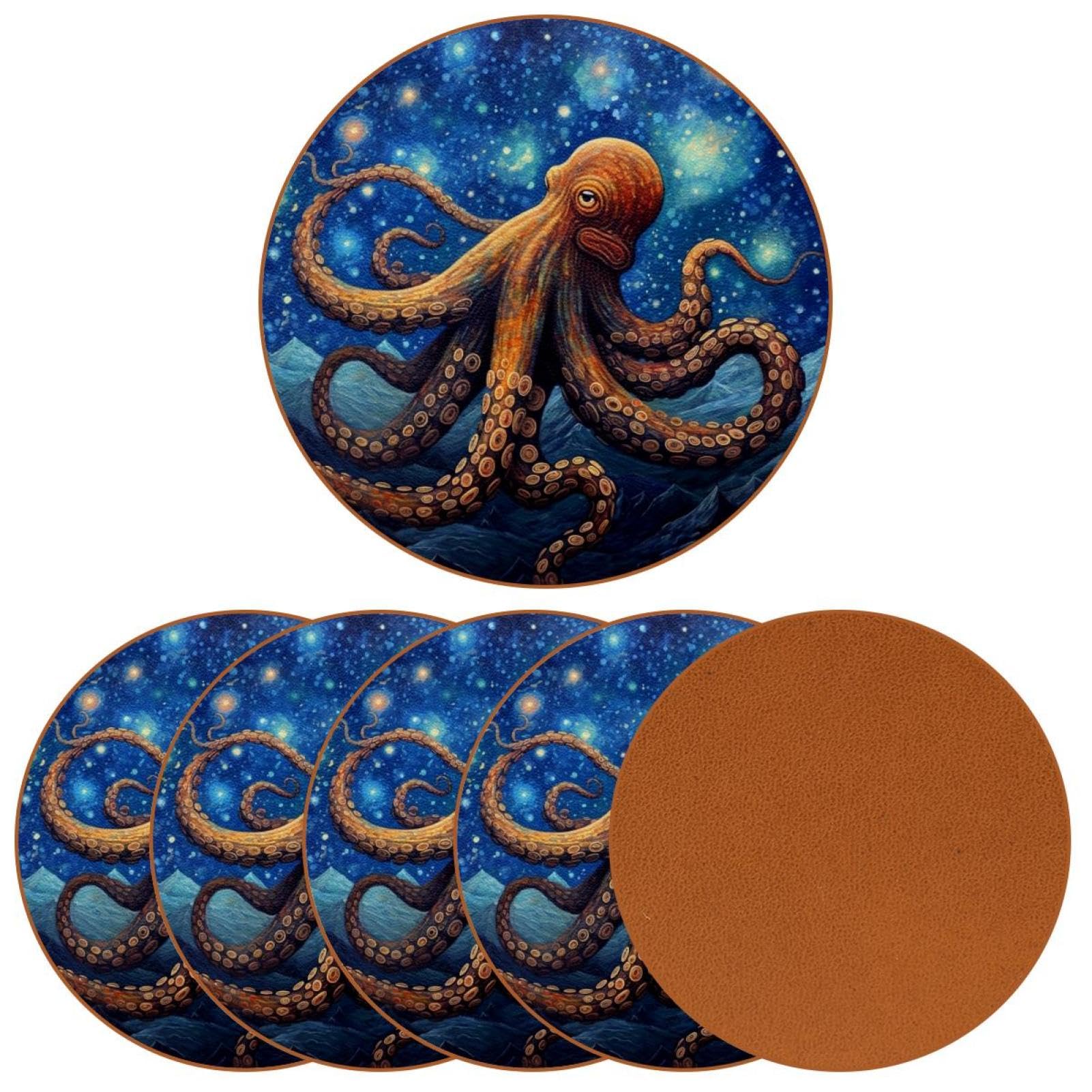 Cartoon-Galaxie-Oktopus-Untersetzer für Getränke, 6 Stück, Tisch-Schutzmatte für Weingläser, Tassen und Tassen, wiederverwendbar im Büro, Küche, Bar, 10,9 cm