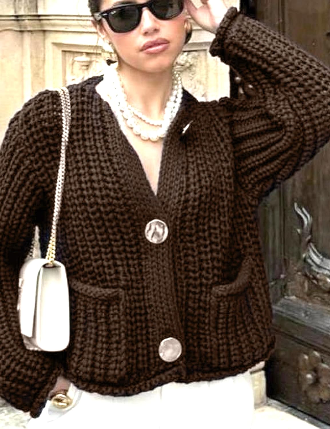 Womens Fall Chunky Knit Cardigan Gold Button Down Long Sleeve Crop Crochet Sweater - Image 4