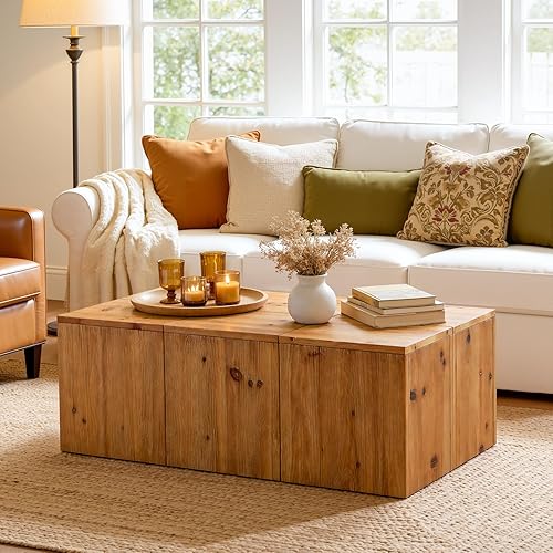 Miniatura 8 de Mesa auxiliar rectangular de madera maciza de 47 pulgadas, mesa central de granja con veta de madera natural, construcción resistente sin tambaleo