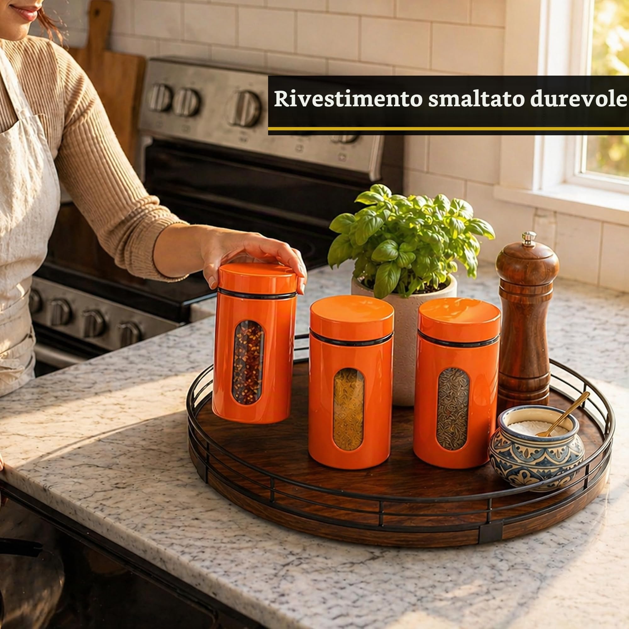 PREMIER Housewares 1209788 Set di 3 Barattoli, 1000 ml, in Smalto Arancione su Acciaio e Vetro