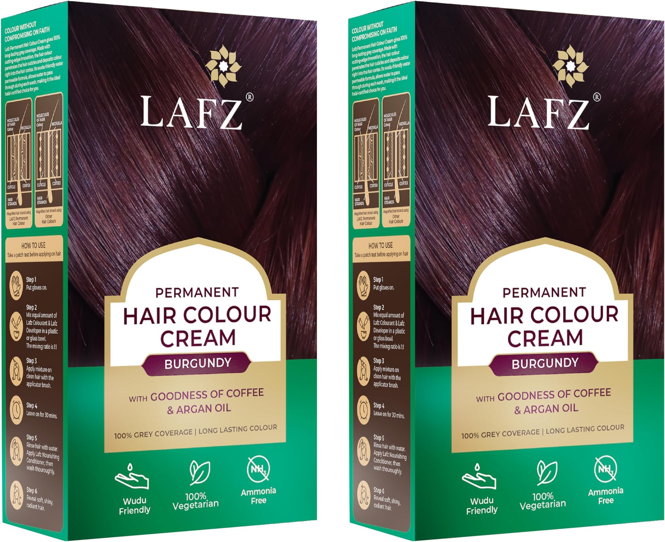 LAFZ Halal Permanent Hair Color | No Ammonia Formula infused with Coffee & Argan oil | 100% Gray Coverage | Long lasting Colour | Smoothness & Shine | For Women & Men | Burgundy, Pack of 2
