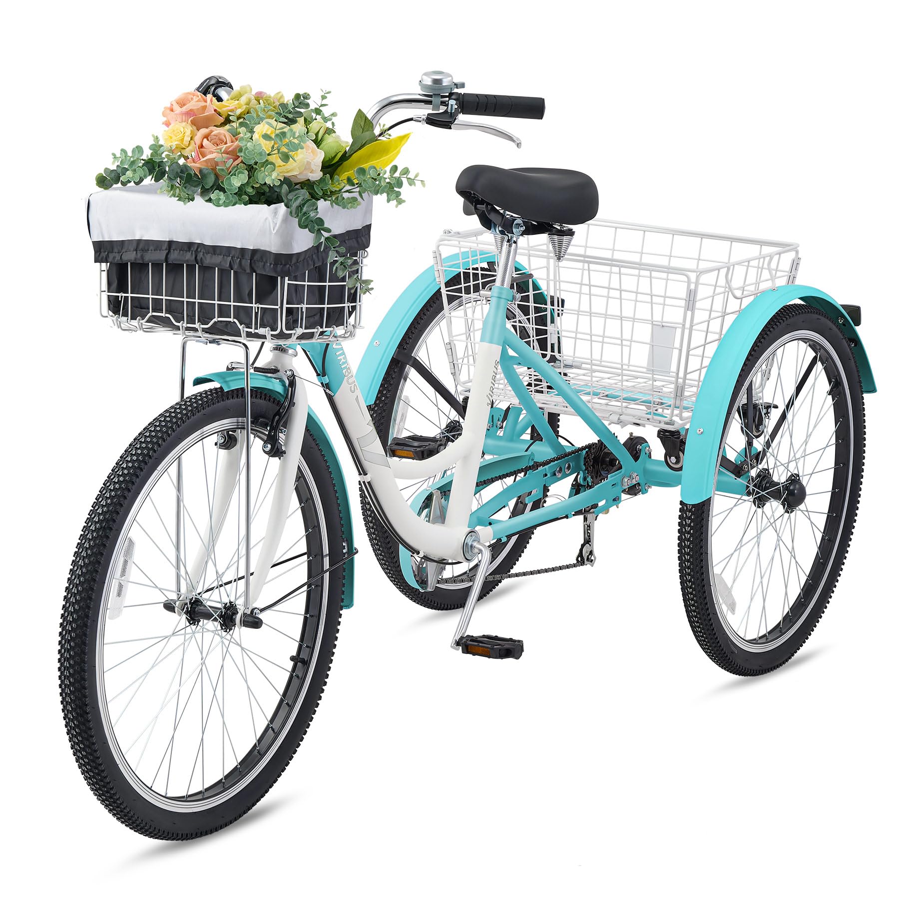Viribus Adult Tricycle, 7 Speed Tricycle for Adults with Front & Rear Removable Wheeled Baskets, 3 Wheel Bikes for Adults Women Men 26 in, Aqua White Adults Trike 400 lb.