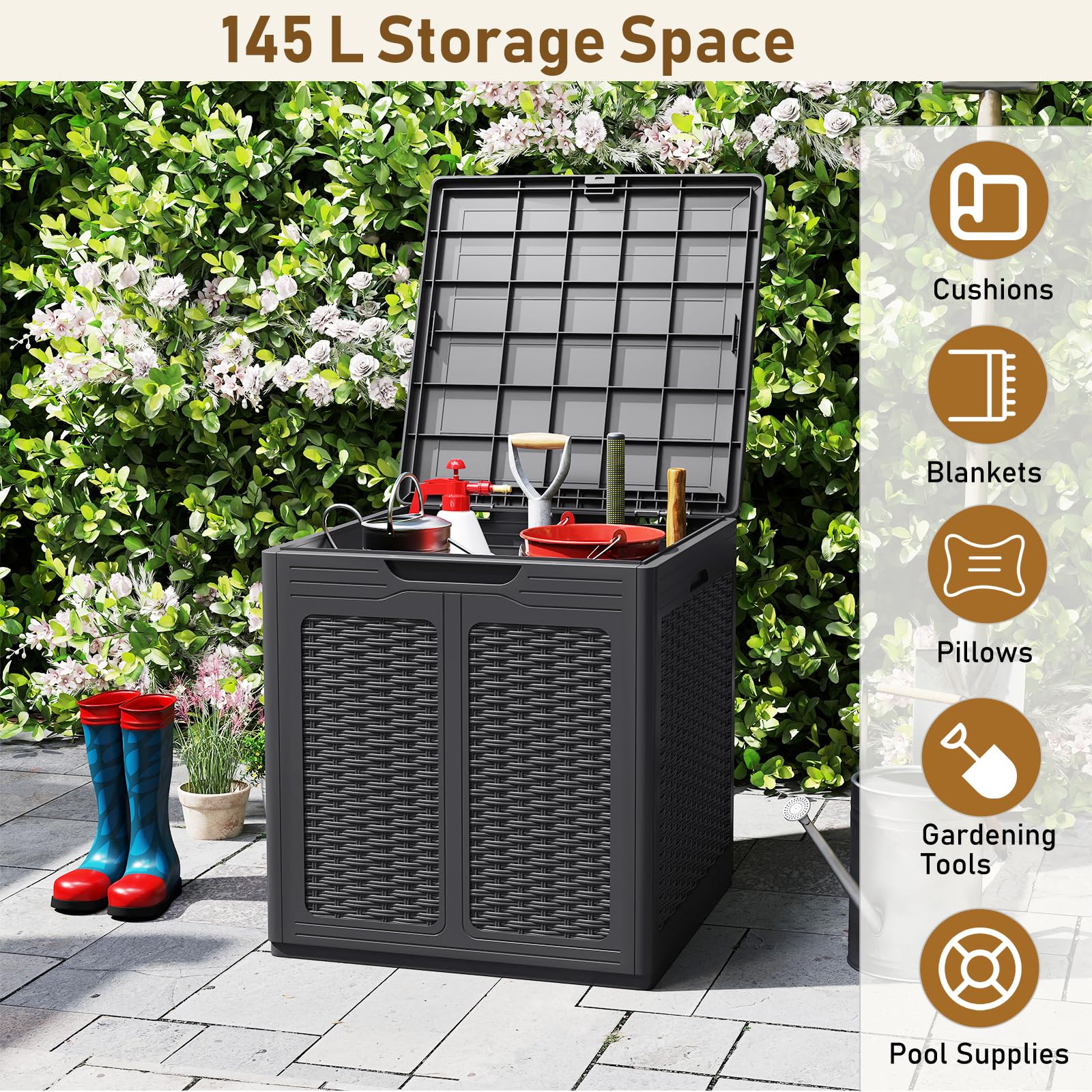 HOMASIS 145L Coffre de Jardin Rangement Imperméable, Boîte Extérieur en PP, Banc de Rangement Verrouillable pour Cour, Bord de Piscine, Terrasse, Charge 80 KG (brun)