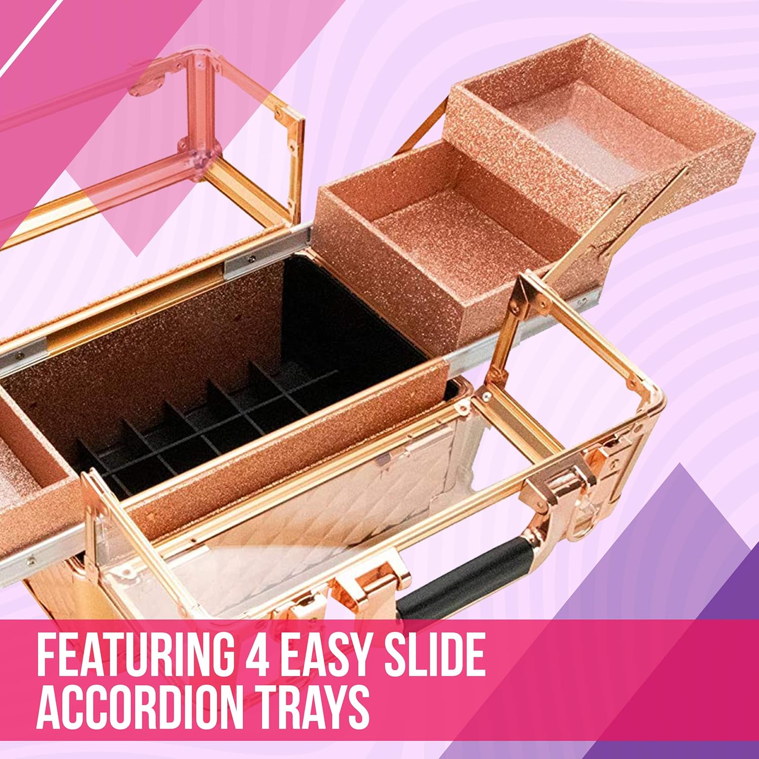 Ver Beauty Professional Makeup Train Case with 4 Extendable Trays, Large Center Compartment, Lockable Travel Organizer, Rose Gold Hard Shell